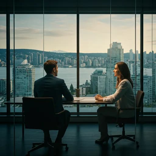 Financial advisors meeting with a client in a modern Vancouver office overlooking the city skyline